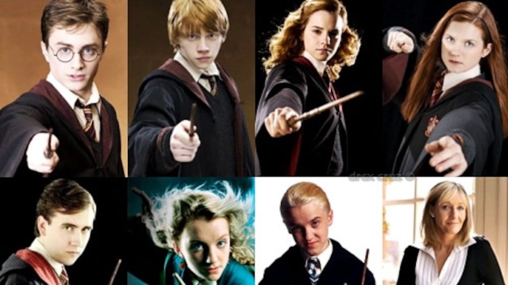 Magnificent seven plus one: (clockwise from top left) Daniel Radcliffe, Rupert Grint, Emma Watson, Bonny Wright, JK Rowling, Tom Felton, Evanna Lynch and Matthew Lewis