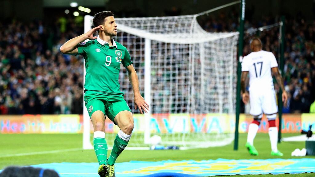 Ireland’s Shane Long celebrates scoring his team’s winner. Photograph: Cathal Noonan/Inpho