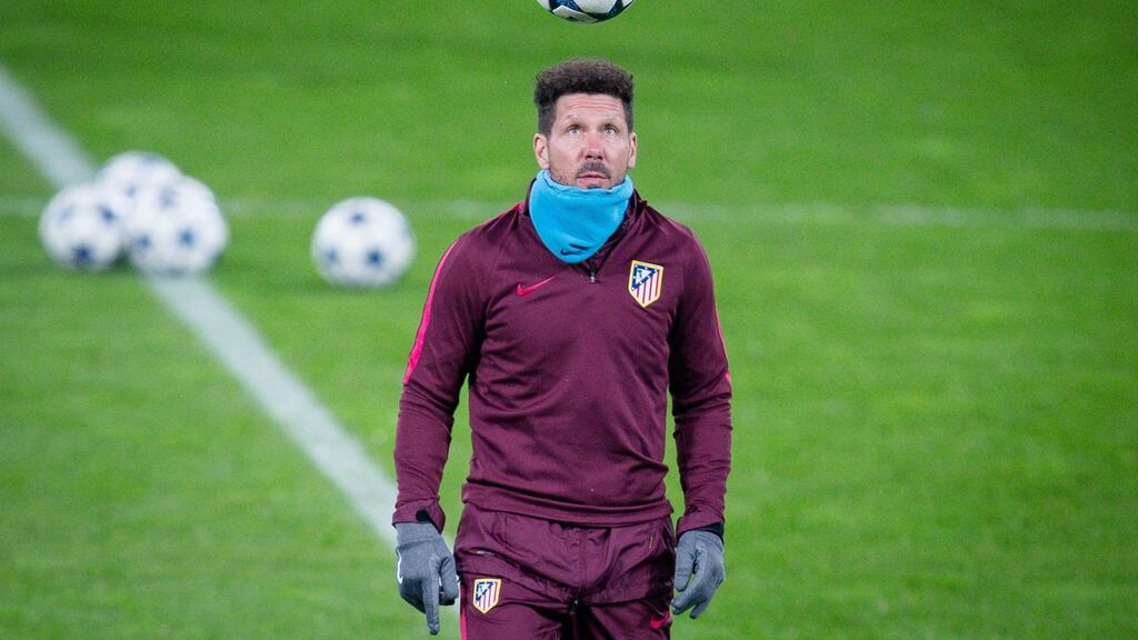 Atlético Madrid manager Diego Simeone at BayArena in Leverkusen. Photograph: Maja Hitij/Bongarts/Getty Images