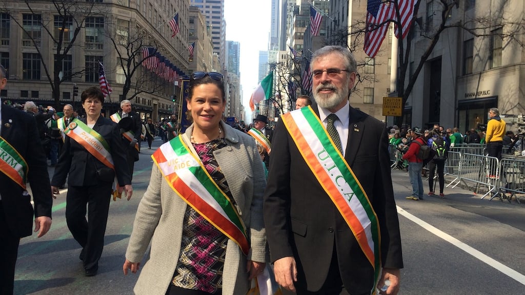 Sinn Féin's Mary Lou McDonald and Gerry Adams on a 2016 visit to New York. In the run up to St Patrick’s Day this year, the party's US arm ran advertisements in American newspapers calling for an Irish unity referendum. Photograph: Simon Carswell