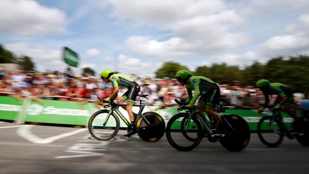 Dan Martin’s Cannondale Garmin team in action during the team time trial between Vannes and Plumelec. Photograph: Sebastien Nogier/EPA