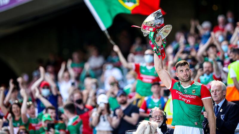 Mayo’s Aidan O’Shea lifts the trophy as Mayo are crowned Connacht champions at Croke Park. Photograph: Tommy Dickson/Inpho
