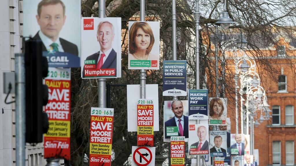 Poll position: election posters outside Government Buildings. Photograph: Niall Carson/PA Wire