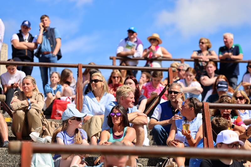 Spectators watching events at the main arena at the RDS Dublin Horse Show. Photograph: Dara Mac Dónaill