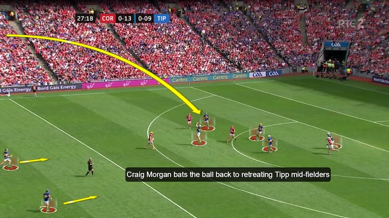 Craig Morgan bats the ball away, knowing that his midfielders will be the first to arrive to the breaking ball