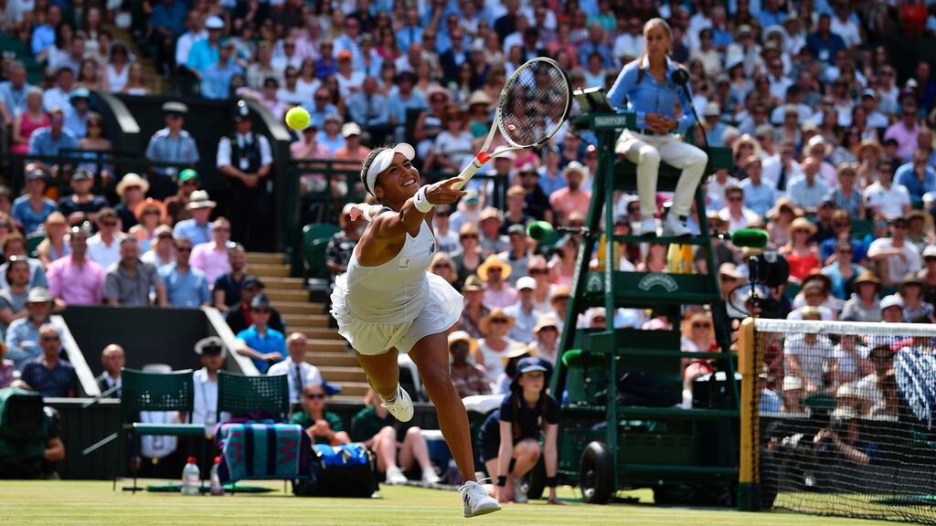 Heather Watson misses her return against Belarus’s Victoria Azarenka during their women’s singles third round match on the fifth day of the 2017 Wimbledon Championships. Photo: Glyn Kirk/Getty Images