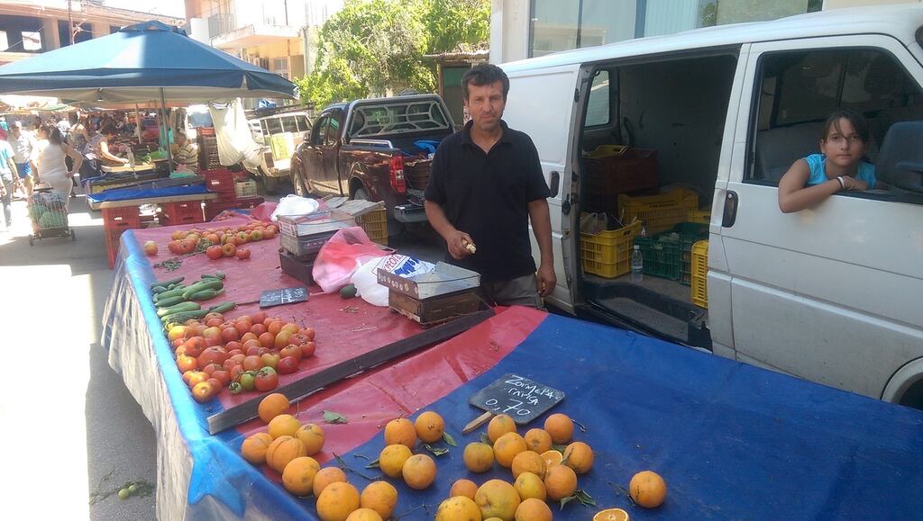 The farmers market in Corinth, a city about an hour from Athens. One seller gave away five chickens to elderly customers who said they couldn’t pay him. “So that’s another €40 that I won’t see anytime soon,” he said. Photograph: Damian Mac Con Uladh