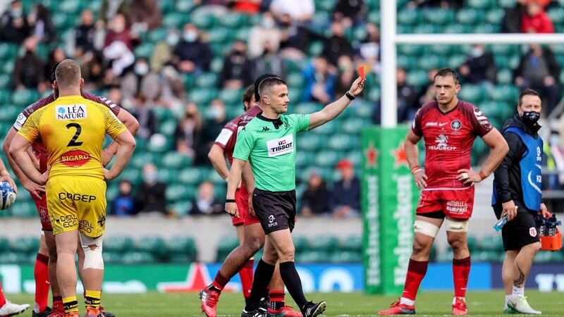Luke Pearce sends off Levani Botia (not pictured) during the early stages of the Champions Cup final. Photograph: Dan Sheridan/Inpho
