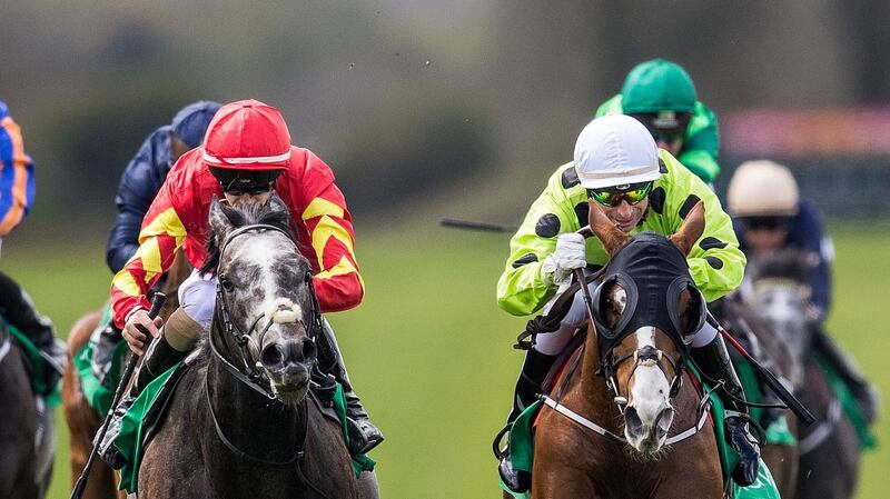 Gerald Mosse on The Broghie Man (white hat) on the way to winning The Committed Stakes at Navan. Photograph: Bryan Keane/Inpho