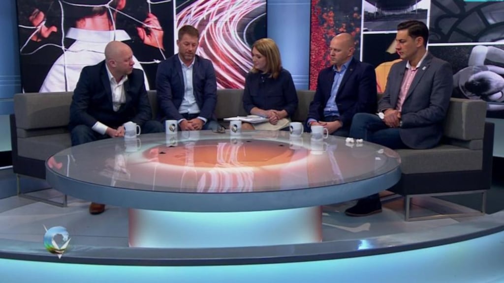 Jason Dunford, Steve Walters, Chris Unsworth and Andy Woodward speak to Victoria Derbyshire on her BBC programme. File photograph: BBC News/PA Wire