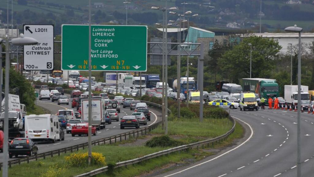 Traffic chaos after the M7 was closed due to a burst water main at Newlands Cross. The burst pipe caused the road to be closed to traffic resulting in disruption to travellers on the move for the May Bank Holiday. Photograph: Colin Keegan/ Collins