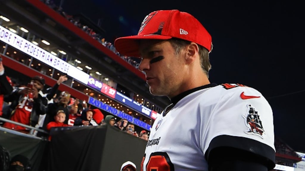 Tom Brady’s season is over after suffering a playoff defeat to the Los Angeles Rams. Photograph: Mike Ehrmann/Getty Images