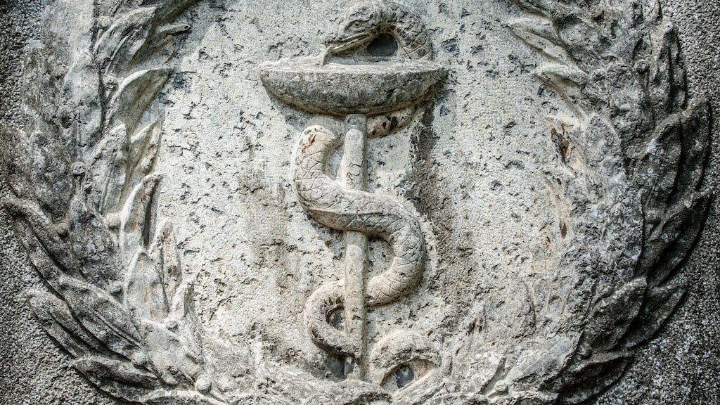 The stick is the asklepian, or rod of Asclepius, the god of medicine in ancient Greek religion and mythology.The snake represented rejuvenation because snakes shed and replace their skin.