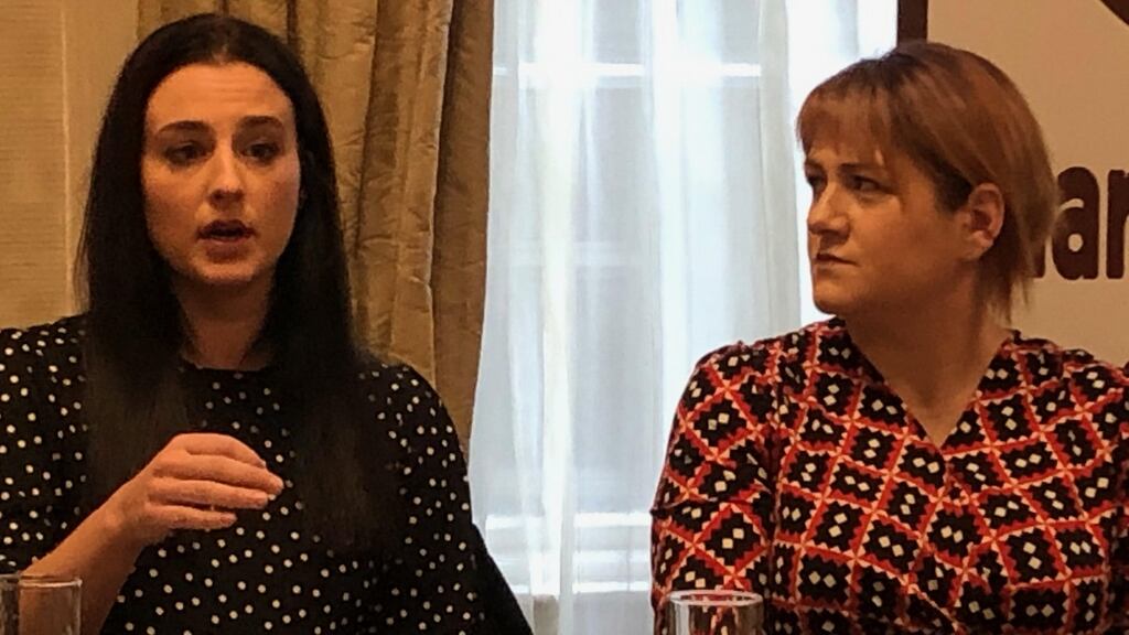 Sarah Moloney, who has endometriosis, and Kathleen King, chairwoman of the Endometriosis Association of Ireland, at a press conference to raise awareness of the condition in Dublin on Tuesday.