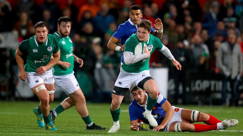 Ireland’s Angus Kernohan makes a break during the under-20s Six Nations win over Wales. Photo: Oisin Keniry/Inpho