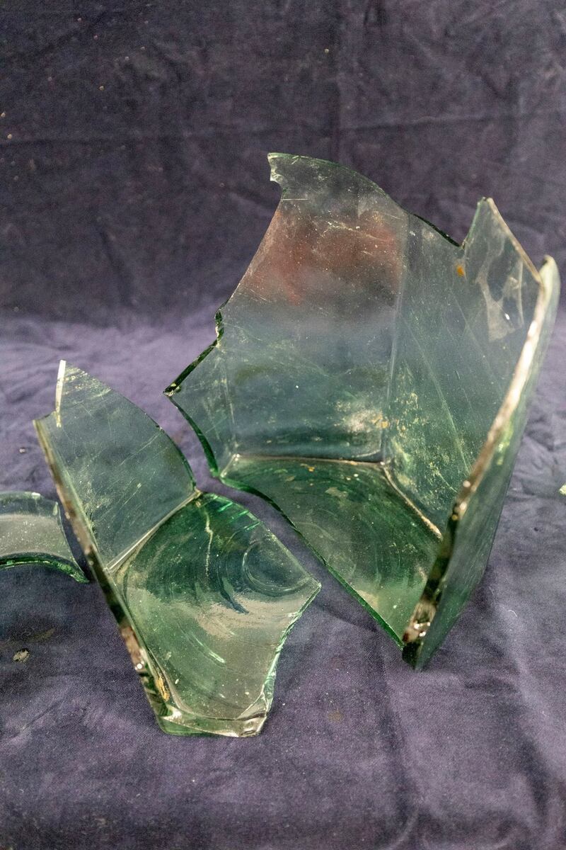 A hexagonal glass vase, thought to be 1,000 years old, uncovered at the dig site at St Mary’s Church, Stoke Mandeville. Photograph: HS2/PA Wire