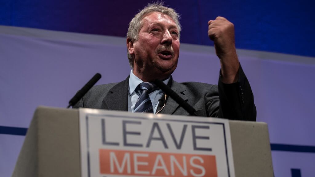 DUP MP Sammy Wilson speaks at a Leave Means Leave rally at the Bournemouth International Centre, England, on October 15th