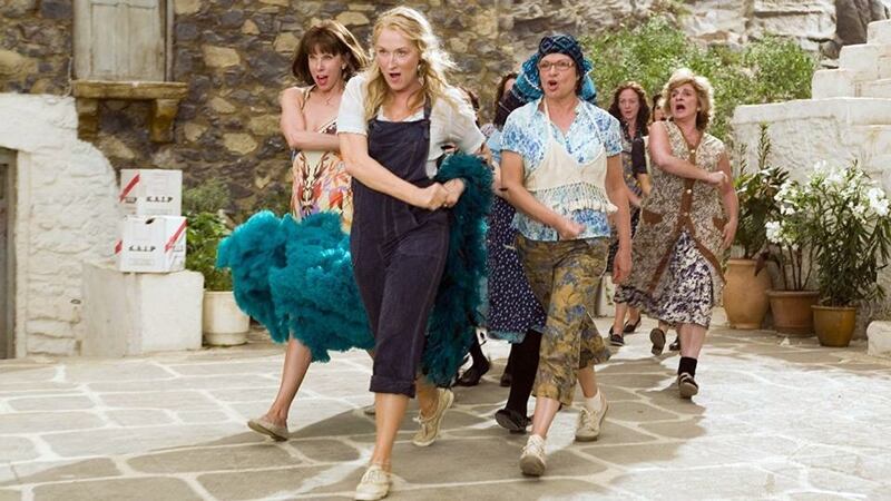 Christine Baranski, Meryl Streep, Julie Walters and some indentured extras in Mamma Mia!