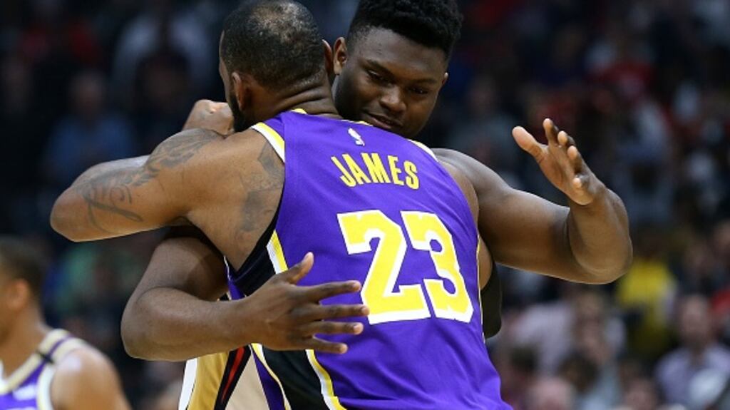 Zion Williamson and LeBron James embrace before their game at the Smoothie King Center in New Orleans. Photograph: Getty Images