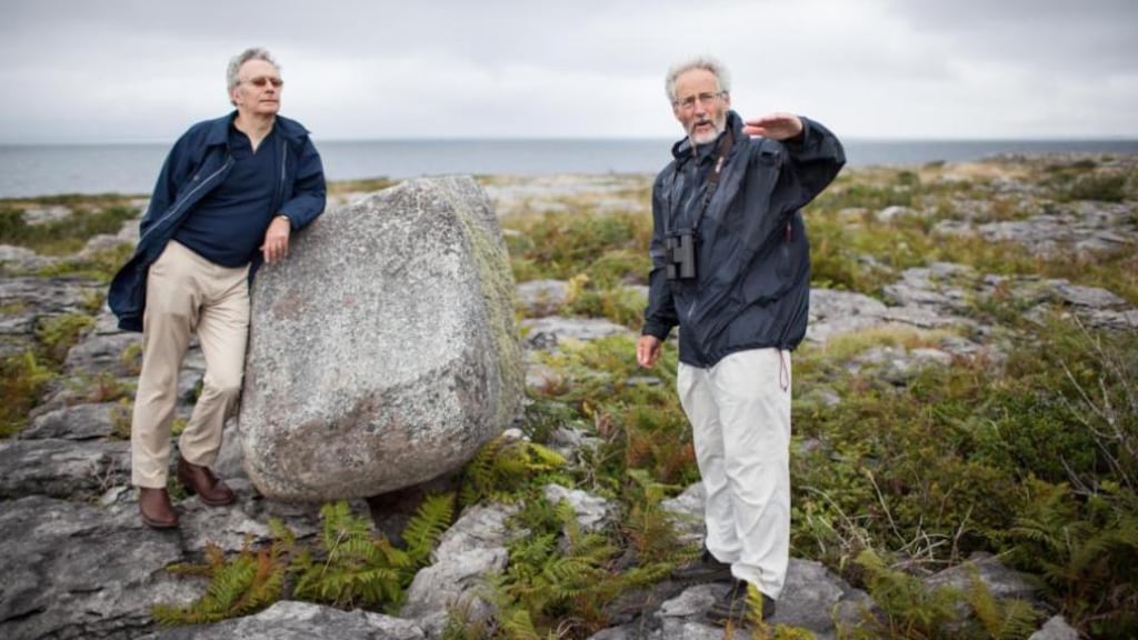 Fintan O’Toole and Gordon D’Arcy by a granite boulder during their walk along the Flaggy Shore near New Quay, Co Clare. Photograph: Eamon Ward