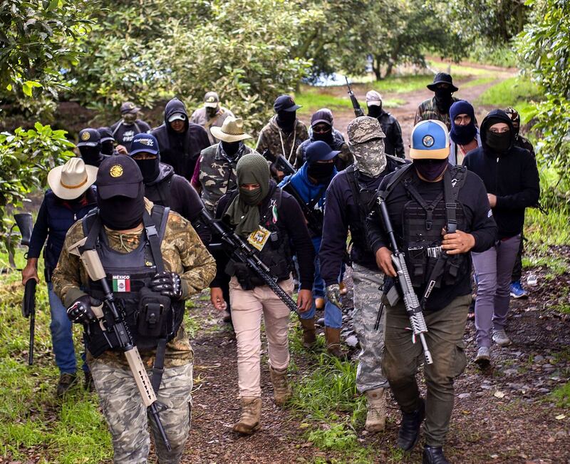 Threatened by cartels: members of the Pueblos Unidos self-defence group on duty on an avocado plantation in Michoacán, in Mexico, in July. Photograph: Enrique Castro/AFP via Getty