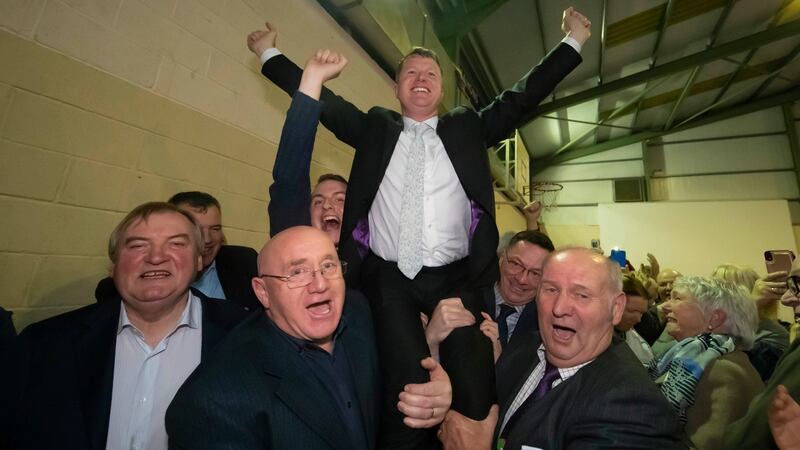 Fianna Fáil’s Malcolm Byrne is held aloft by supporters following his victory in the Wexford byelection. Photograph: Patrick Browne