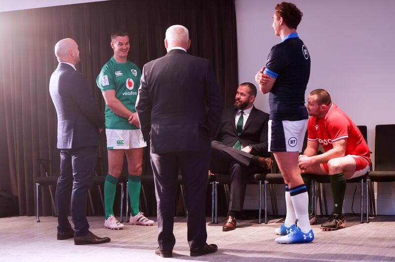 Johnny Sexton chats to Warren Gatland at the Six Nations launch in London. Photograph: Tom Maher/Inpho