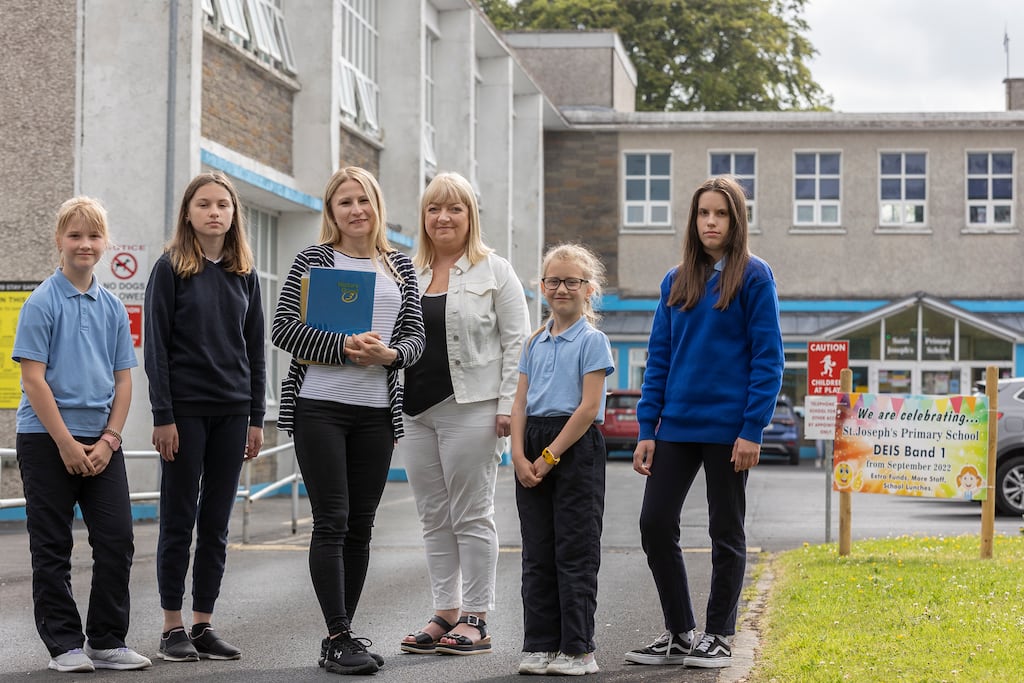 Principal Louise Tobin (third from right) with teacher Olha Mahdyk from Ukraine and students at St Joseph's Primary School in Tipperary. Photograph: John D Kelly