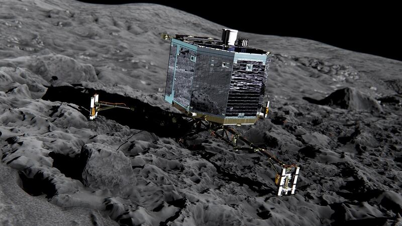 An artist’s impression issued by the European Space Agency of the Rosetta’s lander Philae  on the surface of comet 67P/Churyumov-Gerasimenko. Photograph: ESA/PA Wire.