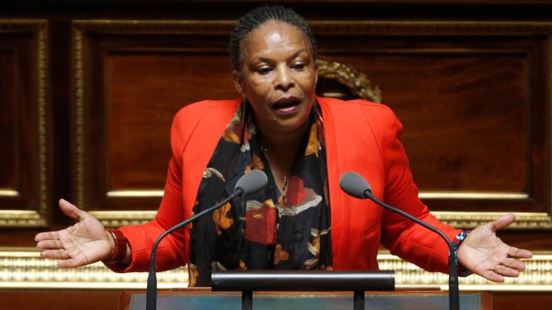 French Justice Minister Christiane Taubira delivers a speech during the opening session of debate on the same-sex marriage bill at the French senate. Photograph: Charles Platiau /Reuters