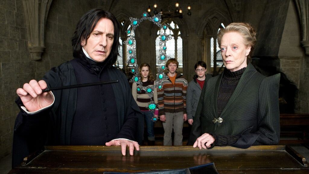 The late Alan Rickman as Severus Snape, Emma Watson as Hermione Granger, Rupert Grint as Ron Weasley, Daniel Radcliffe as Harry Potter and Maggie Smith as Minerva McGonagall in a scene from Harry Potter and The Half-Blood Prince