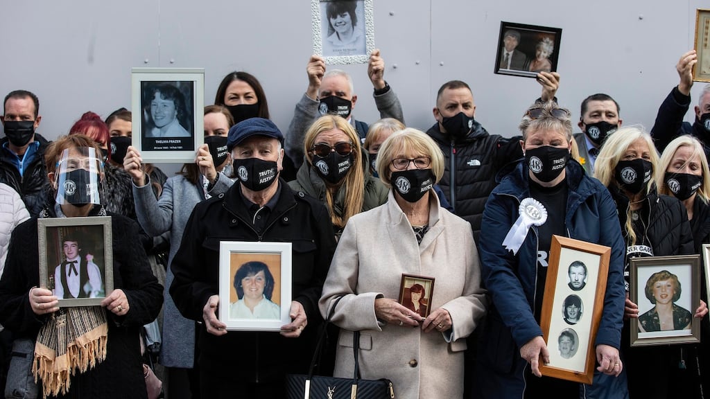 The relatives of those who died in the Stardust disaster pictured outside the Dublin City Coroner’s Court, before an inquest pre-hearing took place. Photograph: Damien Eagers