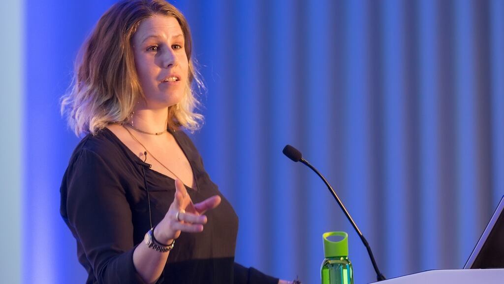 Caroline Criado-Perez speaks at an event in London.