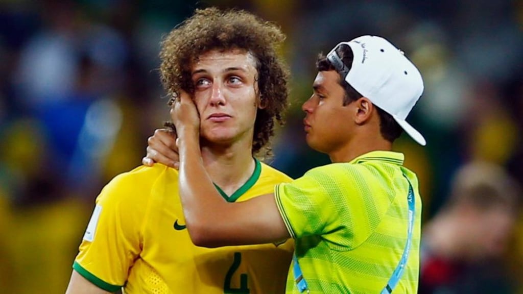 Brazil’s David Luiz (left) is consoled by his captain Thiago Silva after their 7-1 defeat to Germany in their 2014 World Cup semi-final in Belo Horizonte. Photogrpah: Eddie Keogh / Reuters