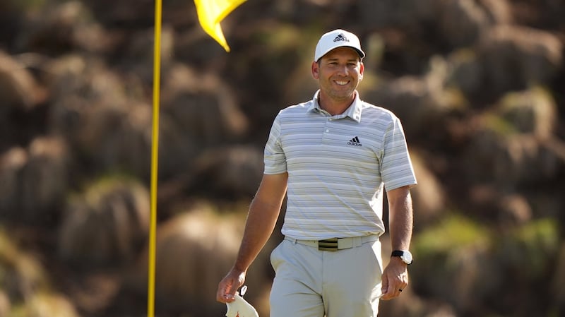 Sergio Garcia celebrates after his hole in one in his match against Lee Westwood. Photograph: Darren Carroll/Getty
