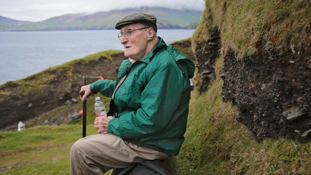 Michael J Carney (Micheál Ó Ceárna) travelled back to the Great Blasket at 93 years of age, accompanied by his family. Photograph: Valerie O’Sullivan