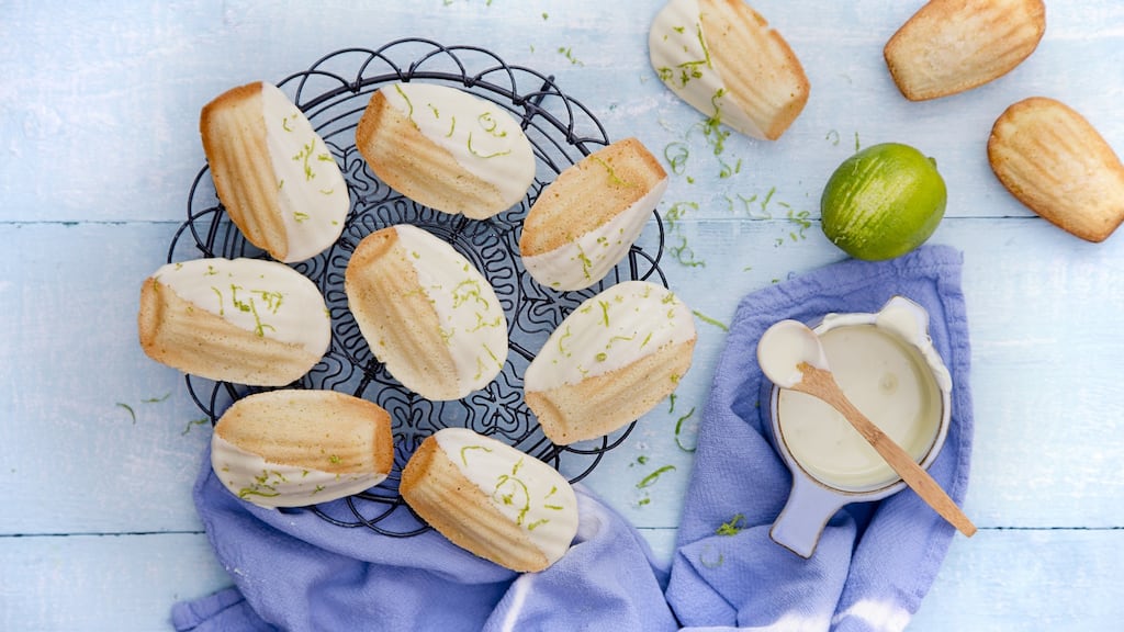Venessa Greenwood’s madeleines dipped in white chocolate. Photograph:   Harry Weir Photography