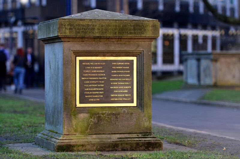 A memorial to the victims of the Birmingham Bombing is seen in St Philip’s Cathedral square in Birmingham, England. Photograph: Anthony Devlin/Getty