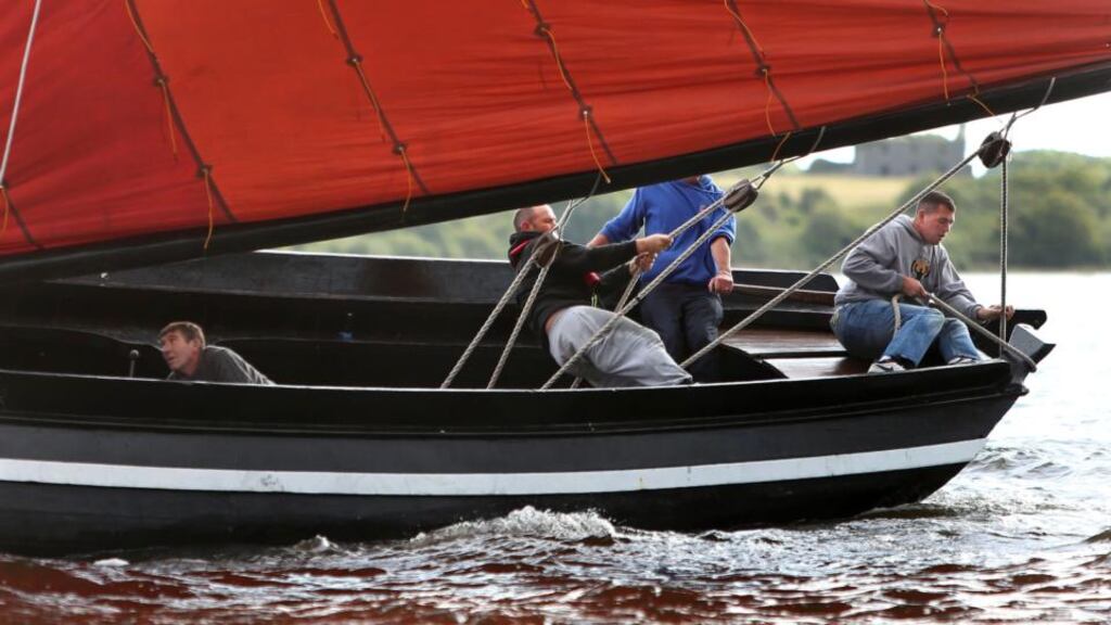 An Mhaighdean Mhara competing in the Bád Mór race off Kinvara yesterday at the resumed Cruinniu na mBad after it was cancelled last Sunday due to bad weather. Photograph: Joe O’Shaughnessy
