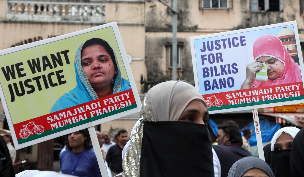 Samajwadi Party activists protest against the Gujarat government in Mumbai in September 2022, after 11 men sentenced to life imprisonment for the rape of Bilkis Bano and the murder of seven of her family were released. The men are to be rejailed. Photograph: Divyakant Solanki/EPA