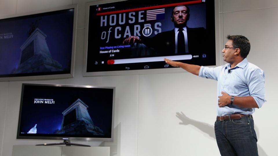 Rishi Chandra, senior product manager for Google, explains how to use the Google ChromeCast. Photograph: Tony Avelar/Bloomberg