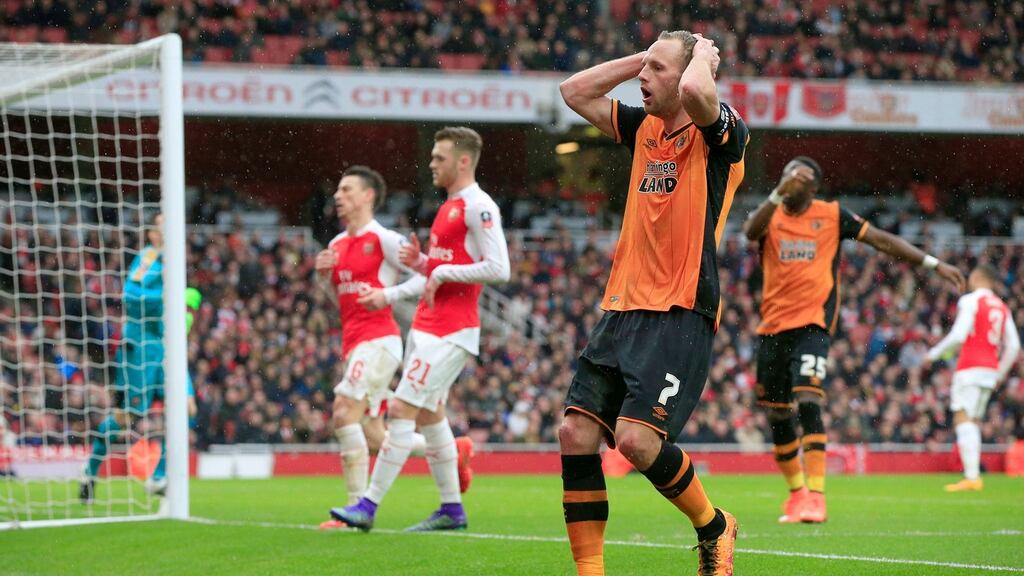 Hull City’s David Meyler rues a missed chance on goal during the FA Cup fifth-round match against Arsenal at The Emirates Stadium. Photograph: Jonathan Brady/PA Wire