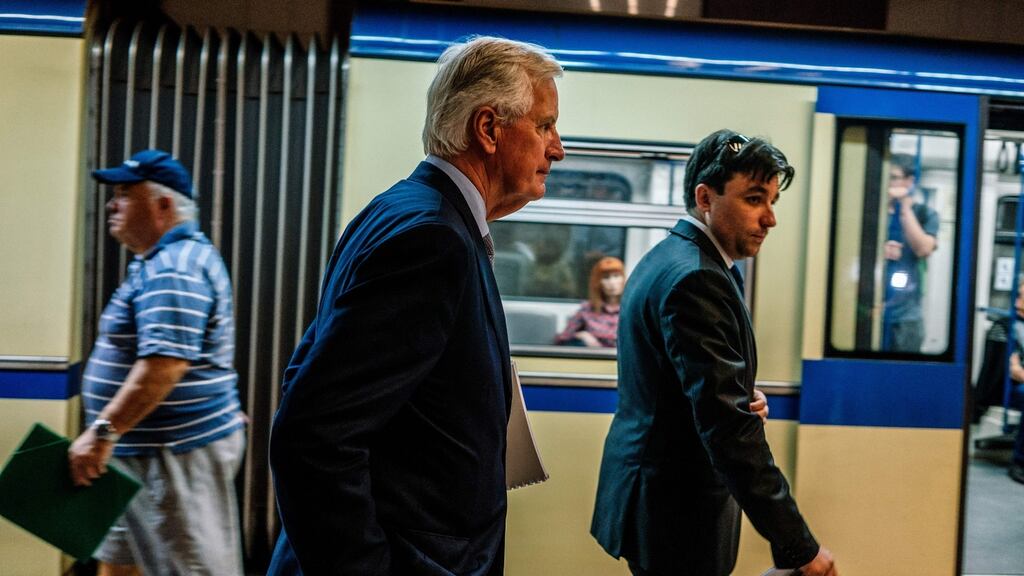 European Union negotiator Michel Barnier visiting to the EU subway station in Sofia: talks of the Belfast Agreement as a European agreement. Photograph: Dimitar Dilkoff/AFP/Getty Images
