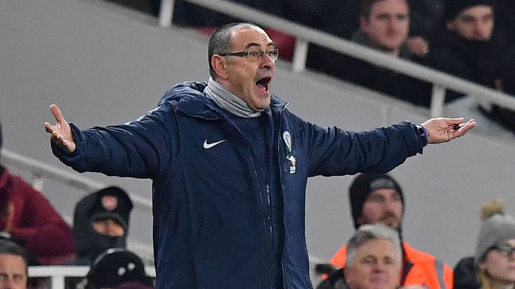 Chelsea’s Italian head coach Maurizio Sarri gestures on the touchline during  his side’s 2-0 defeat to Arsenal  at the Emirates Stadium. Photograph: Getty Images