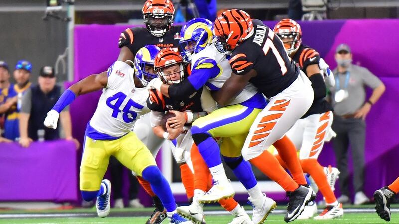 Joe Burrow is sacked during the Cincinnati Bengals Super Bowl defeat. Photograph: Frederic J Brown/Getty/AFP