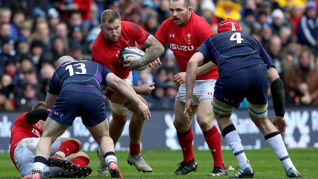 Ross Moriarty of Wales carries against Scotland’s Nick Grigg: “We’ve had some difficult games in the Six Nations, but we are ready to go again.” Photograph: Bryan Keane/Inpho