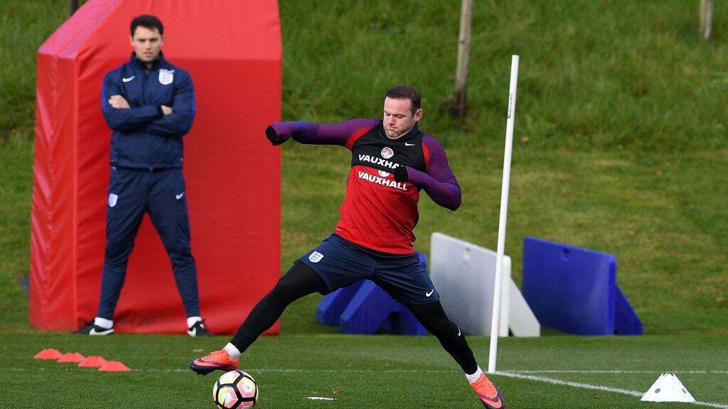 Wayne Rooney during an England training session at St George’s Park in Burton-on-Trent on Thursday. Photograph: Paul Ellis/AFP/Getty Images