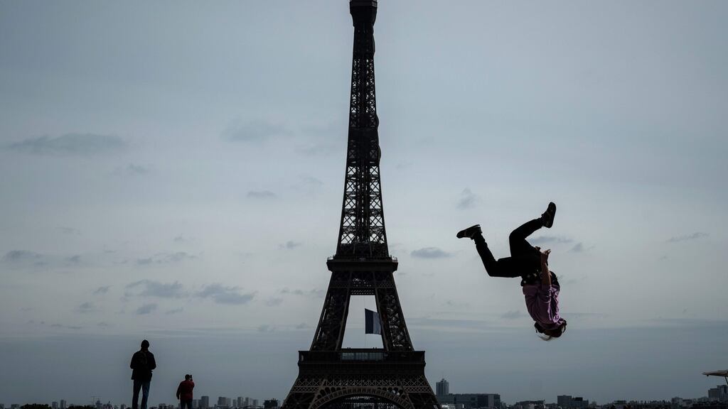 French free runner Johan Tonnoir  on Trocadero Plaza in Paris on Monday, the first day of France’s easing of lockdown measures to curb the spread of Covid-19.  Photograph: Philippe Lopez/AFP via Getty Images