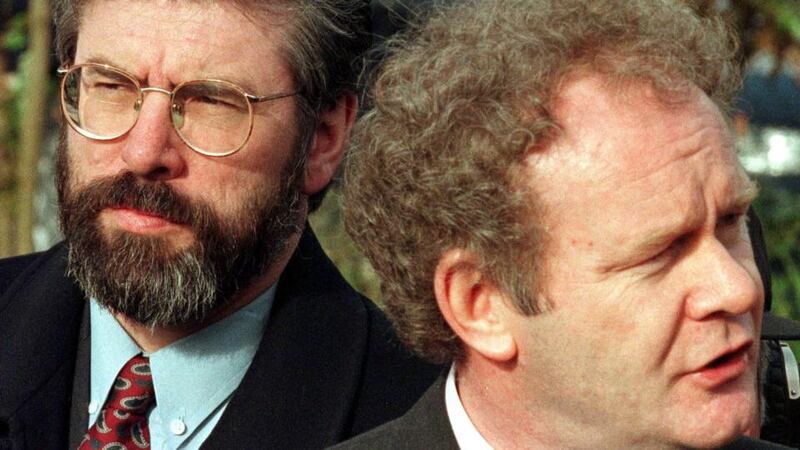 Sinn Féin’s Gerry Adams and Martin McGuinness speaking to the media at Stormont Castle on April 9th, 1998. Photograph: AP Photo/Paul McErlane