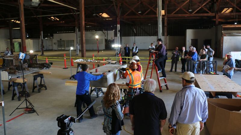 A process known as “destructive testing” of the collapsed  Berkeley balcony structure is carried out by experts at a secure facility. Photograph:  Alameda County District Attorney’s Office